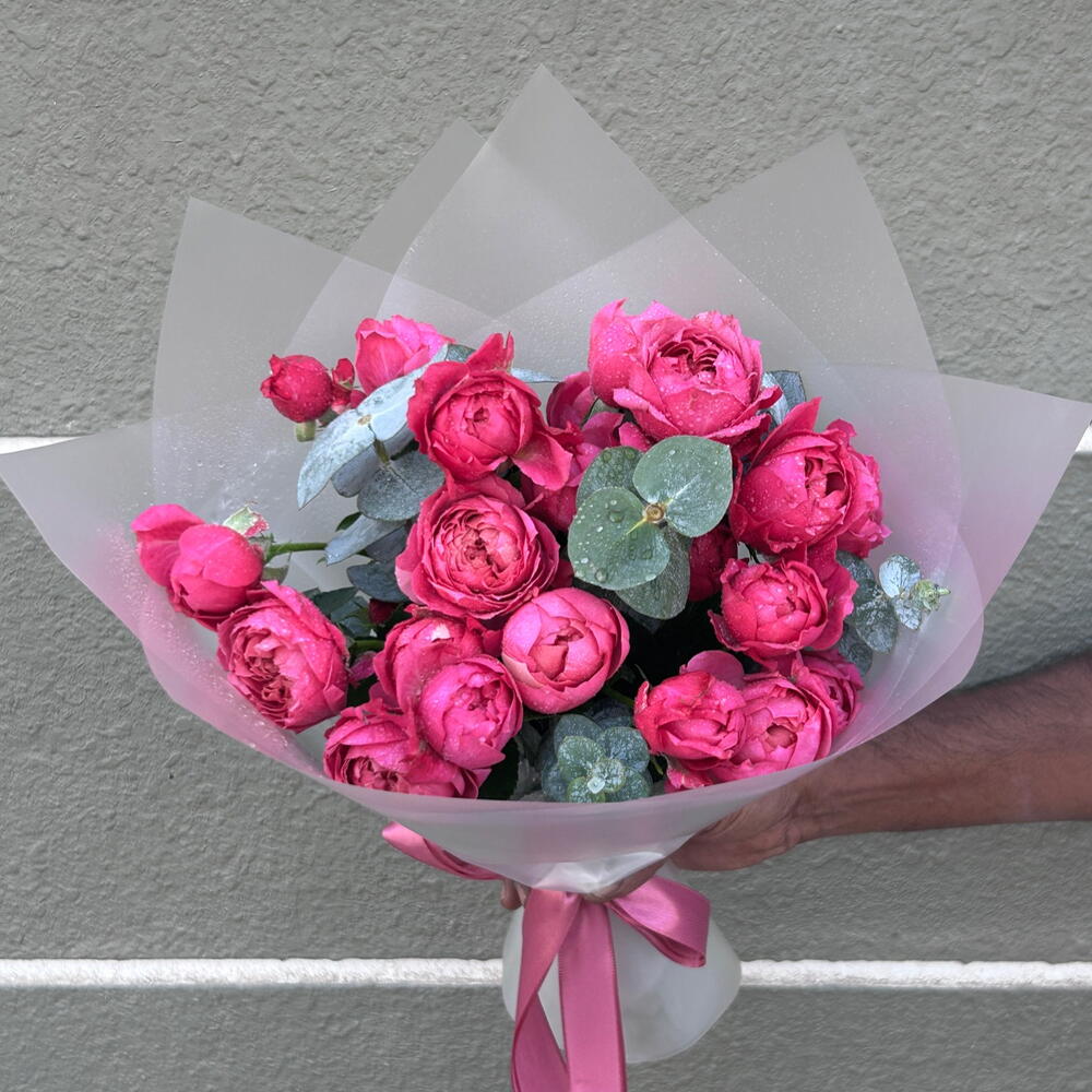 Peony rose bouquet with eucalyptus