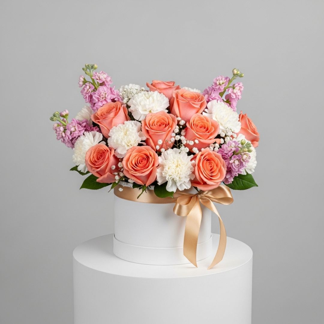 Peach Roses Carnations Matthiola Box