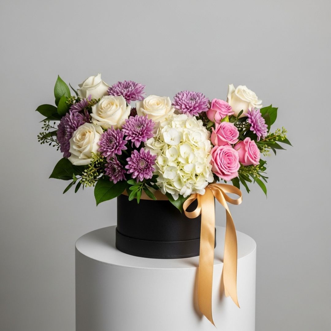 Purple Chrysanthemums Roses Floral Box