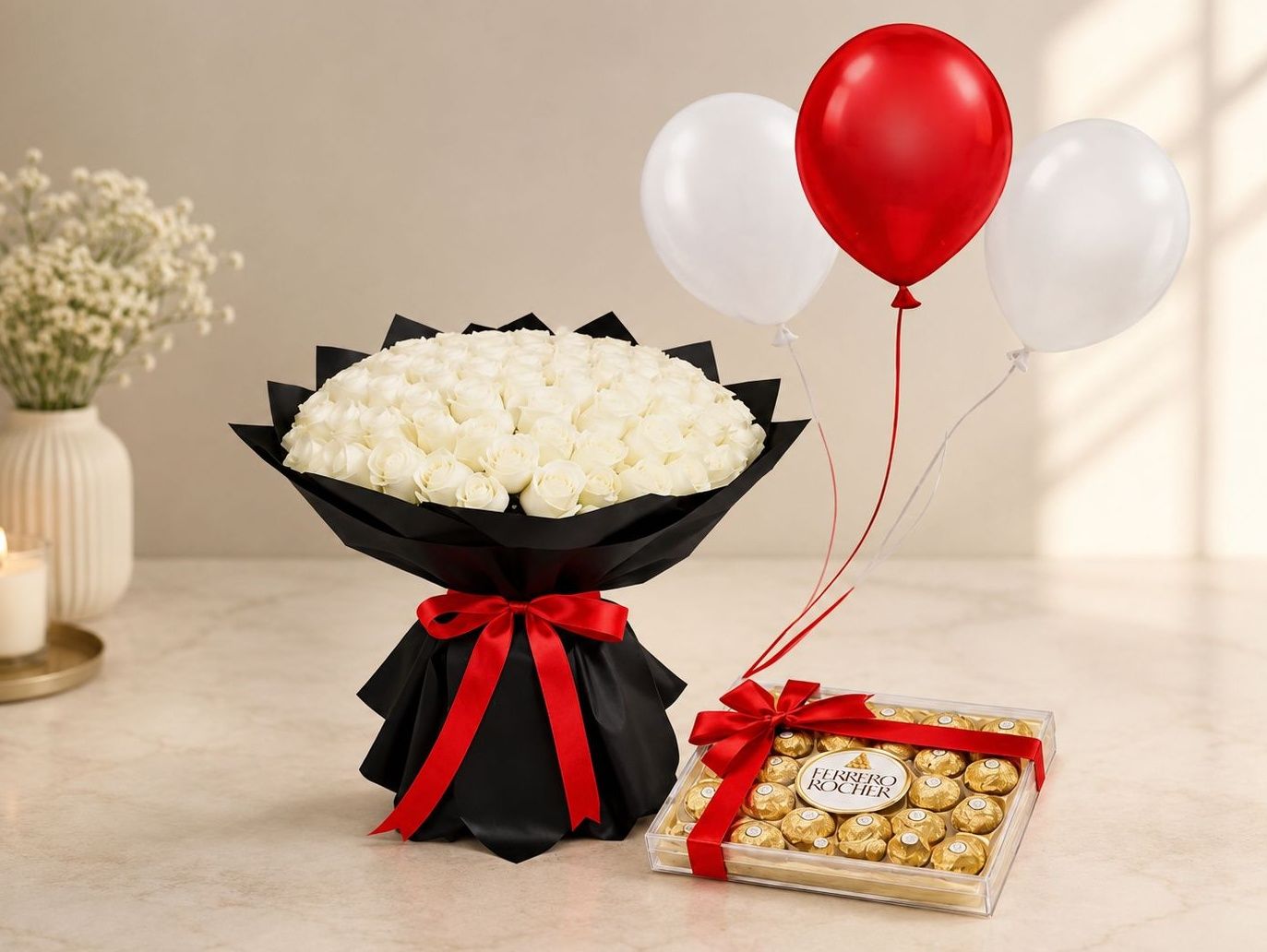 Pure Elegance 100 White Roses Chocolate Combo