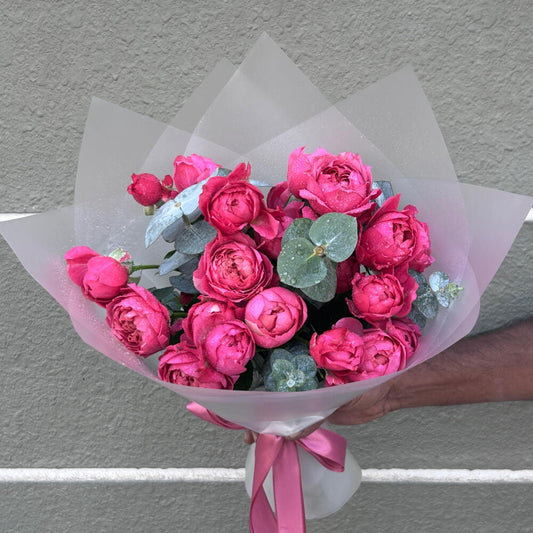 Peony rose bouquet with eucalyptus