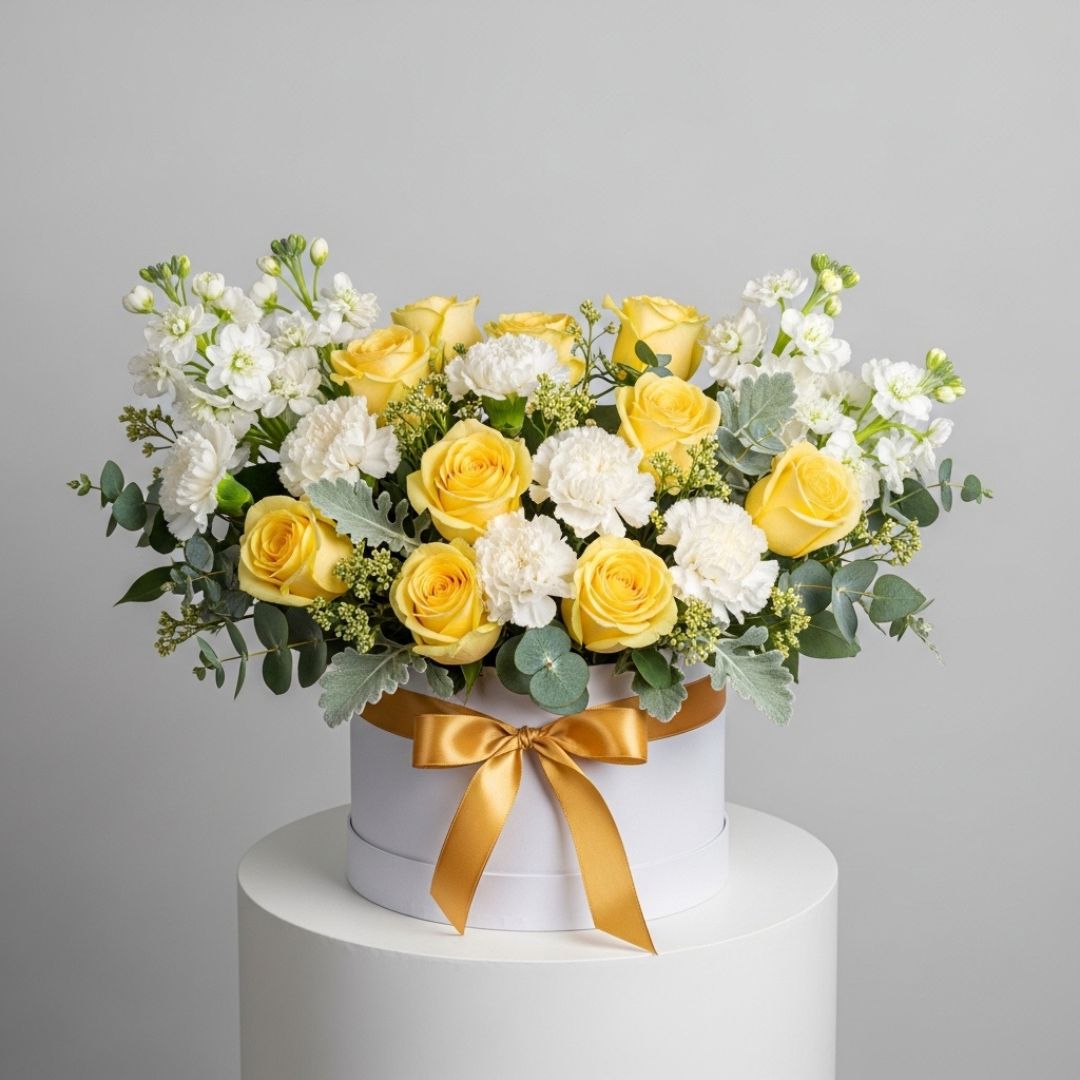 Yellow Roses Carnations Matthiola Box