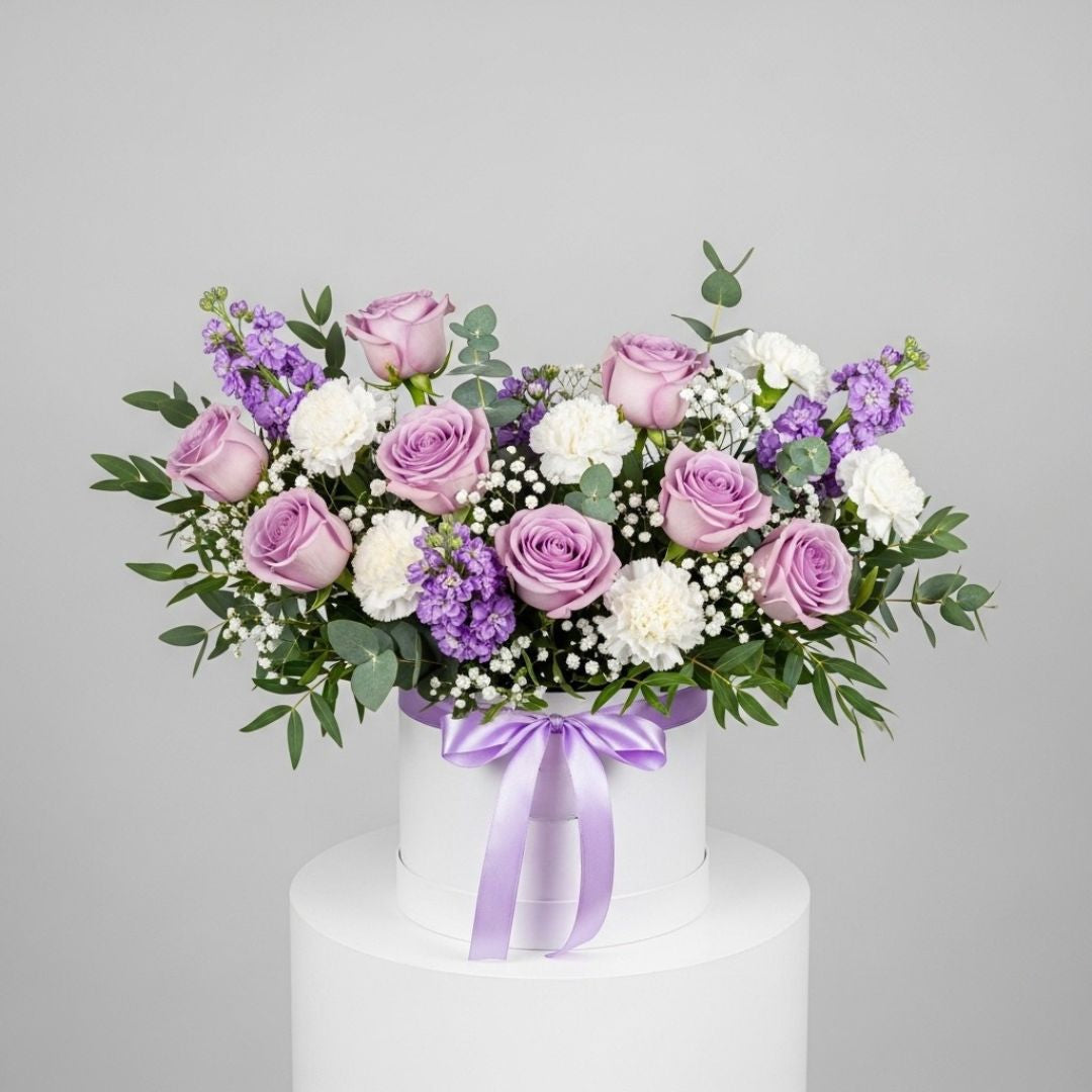Purple Roses Carnations Matthiola Box