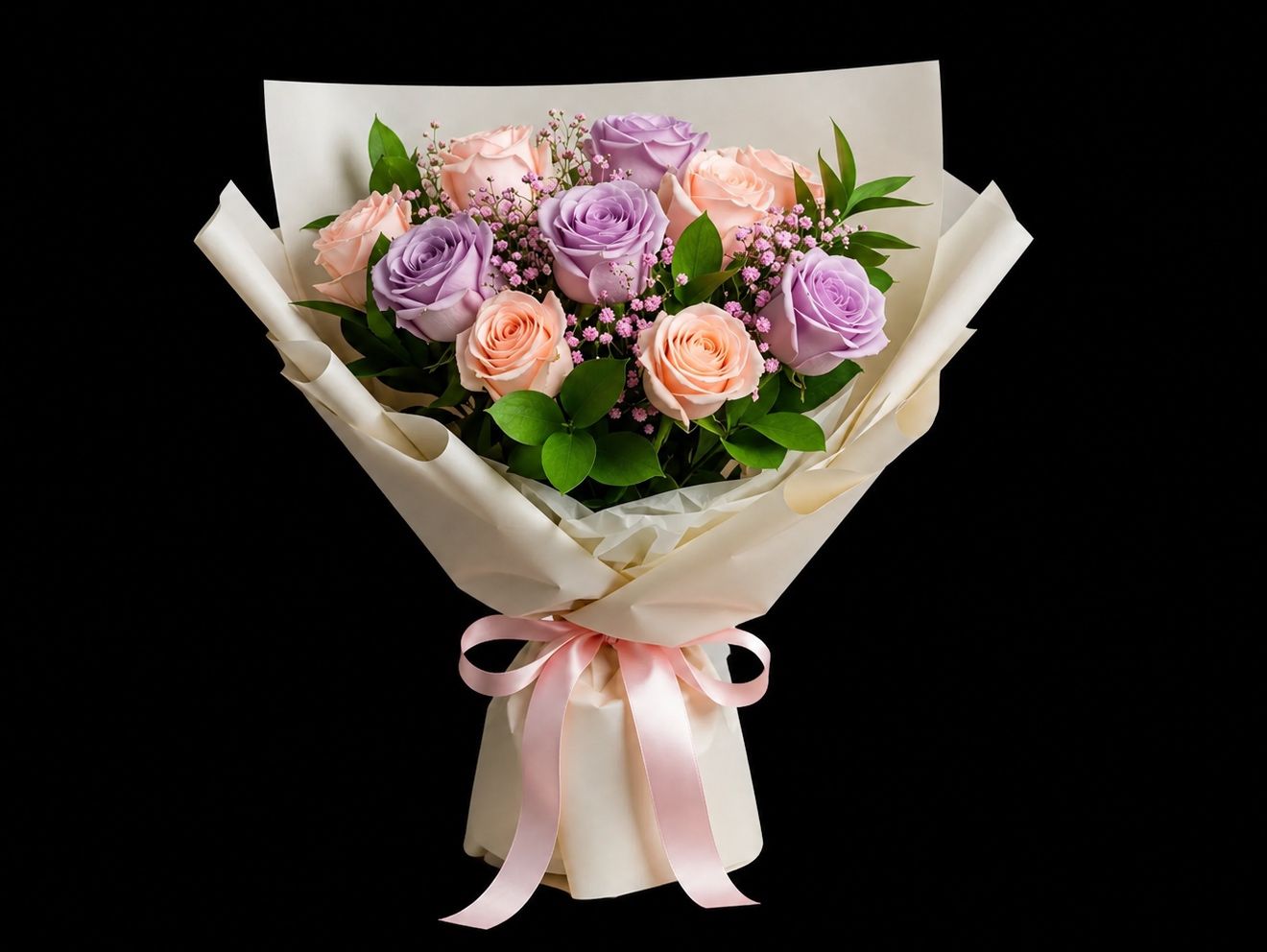 10 Peach And Purple Rose Bouquet