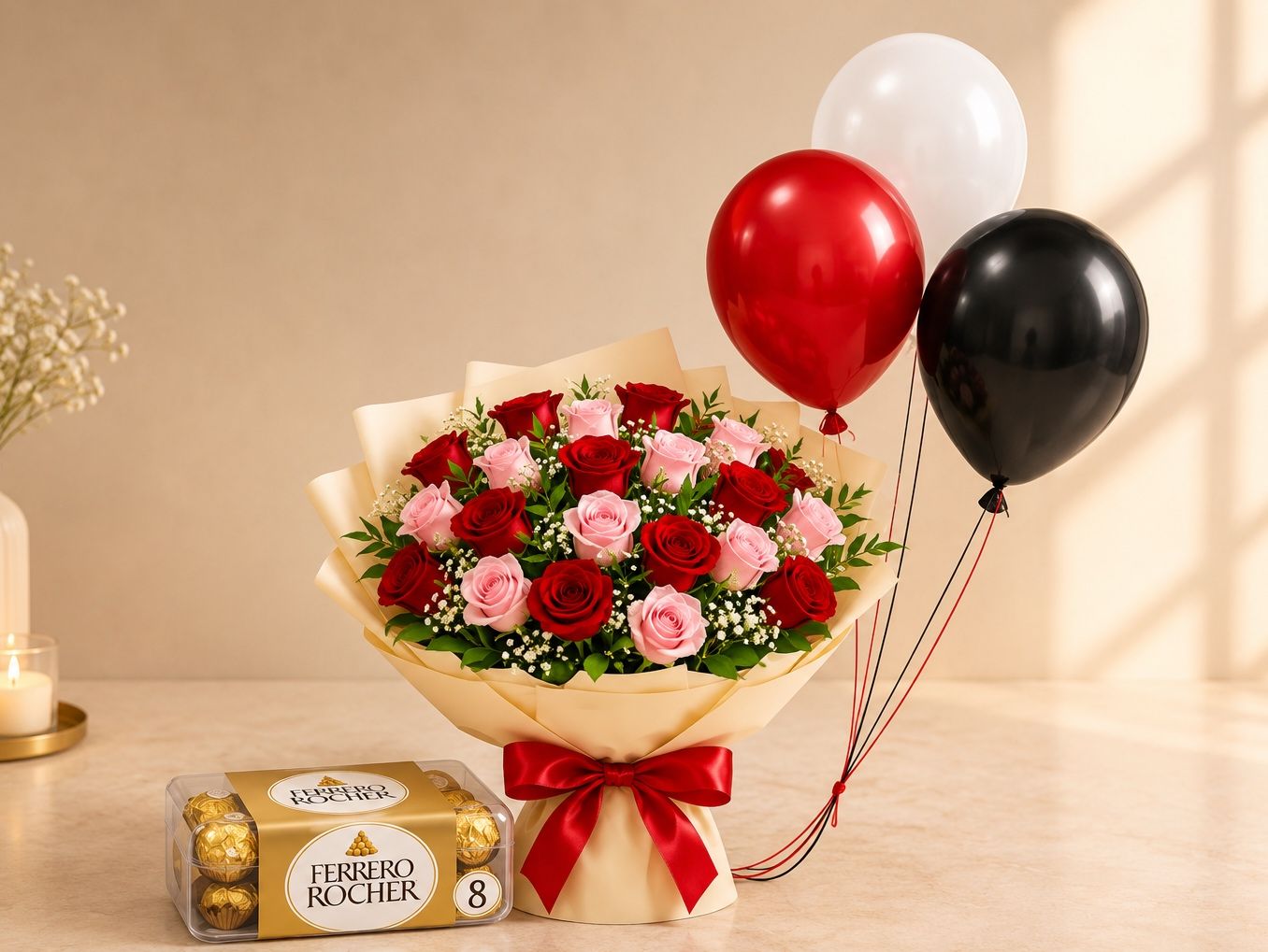 Red-Pink Roses Combo With Balloons