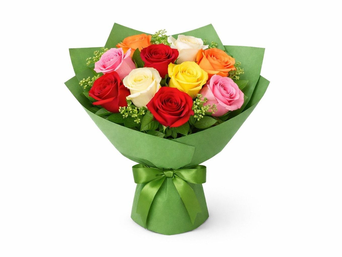 Colorful Rose Bouquet with Green Wrapping Paper