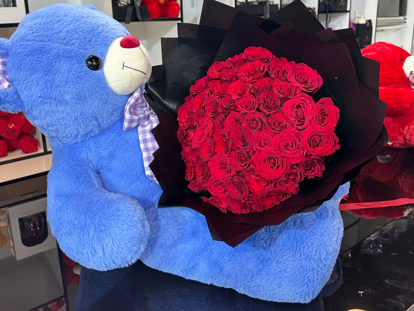 Royal Love 51 Roses with Blue Medium Teddy Set