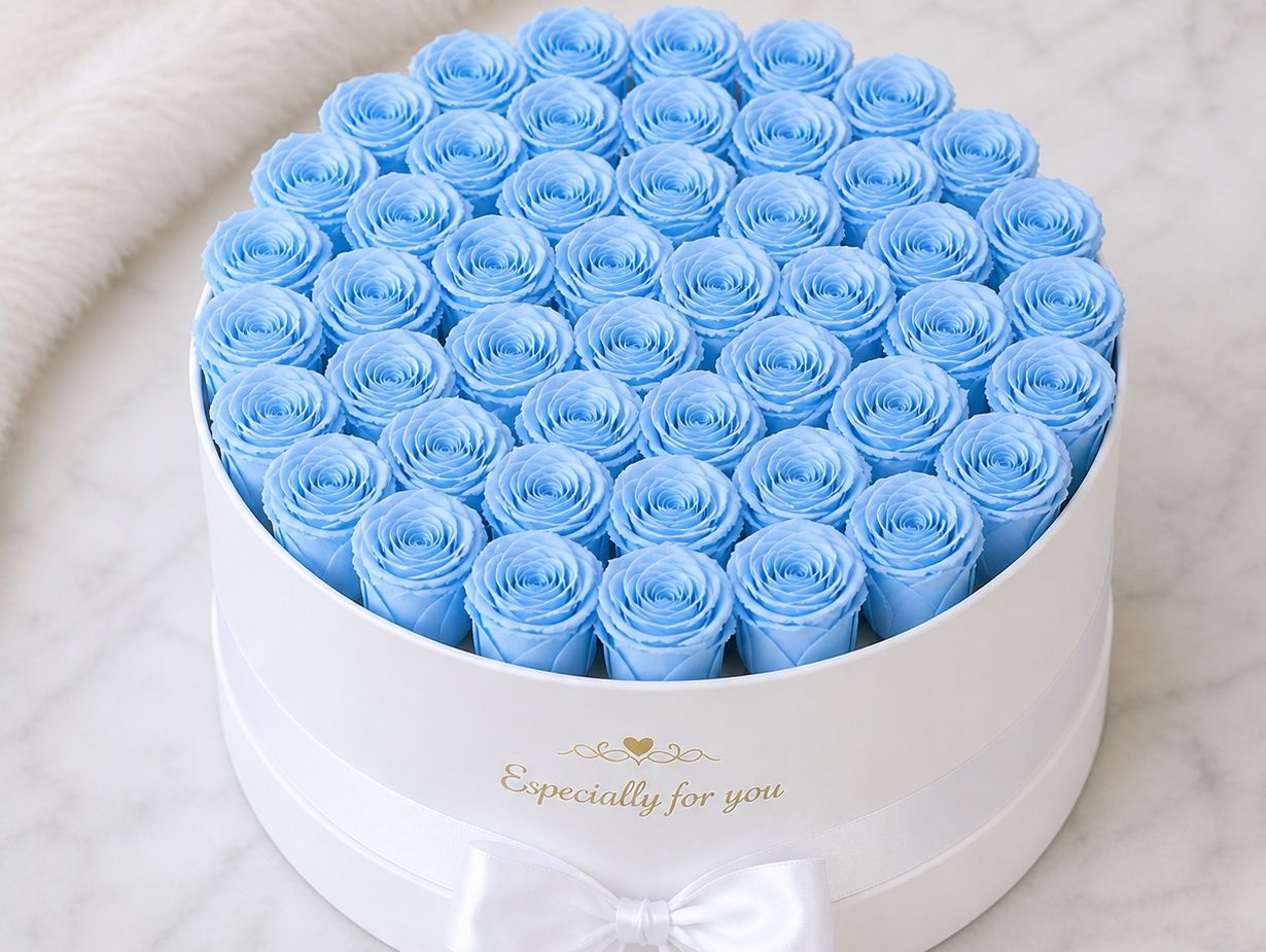 Sky Elegance – 50 Light Blue Roses Box